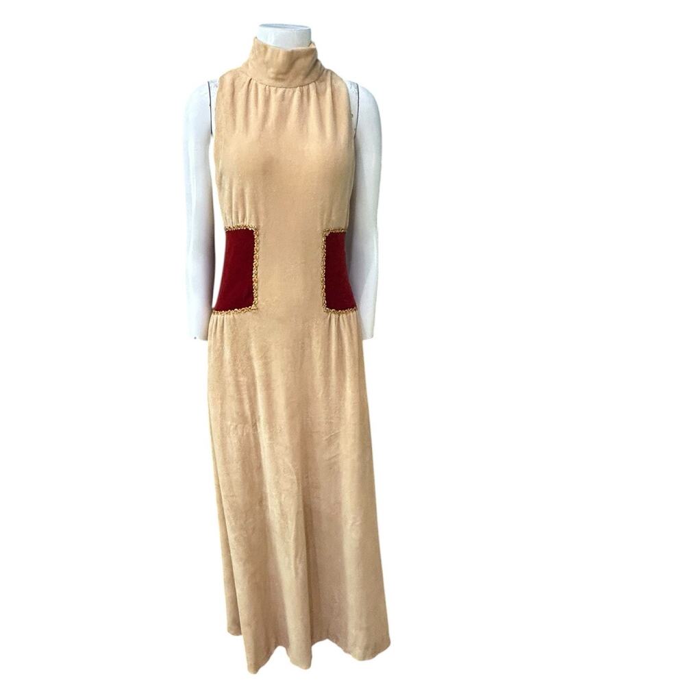 Vintage 1960s Velour Maxi Dress Mod Sleeveless High Neck Red Inset S/M -